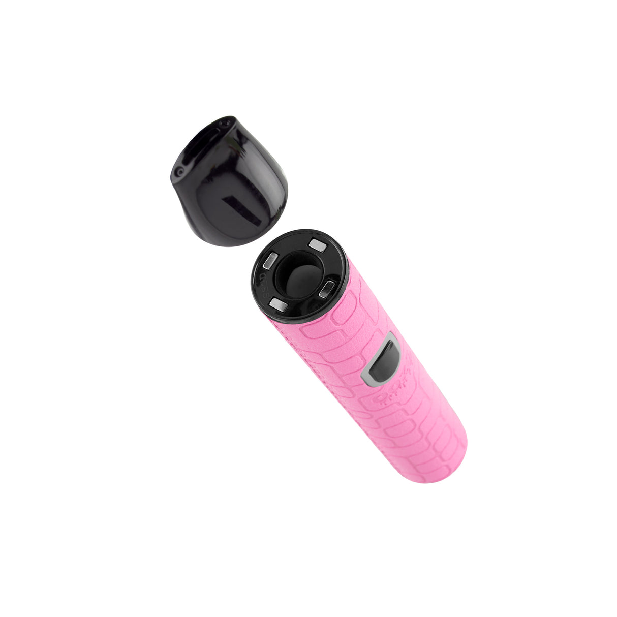 Angled view of pink Pinch dry herb vape with cap removed to show ceramic chamber