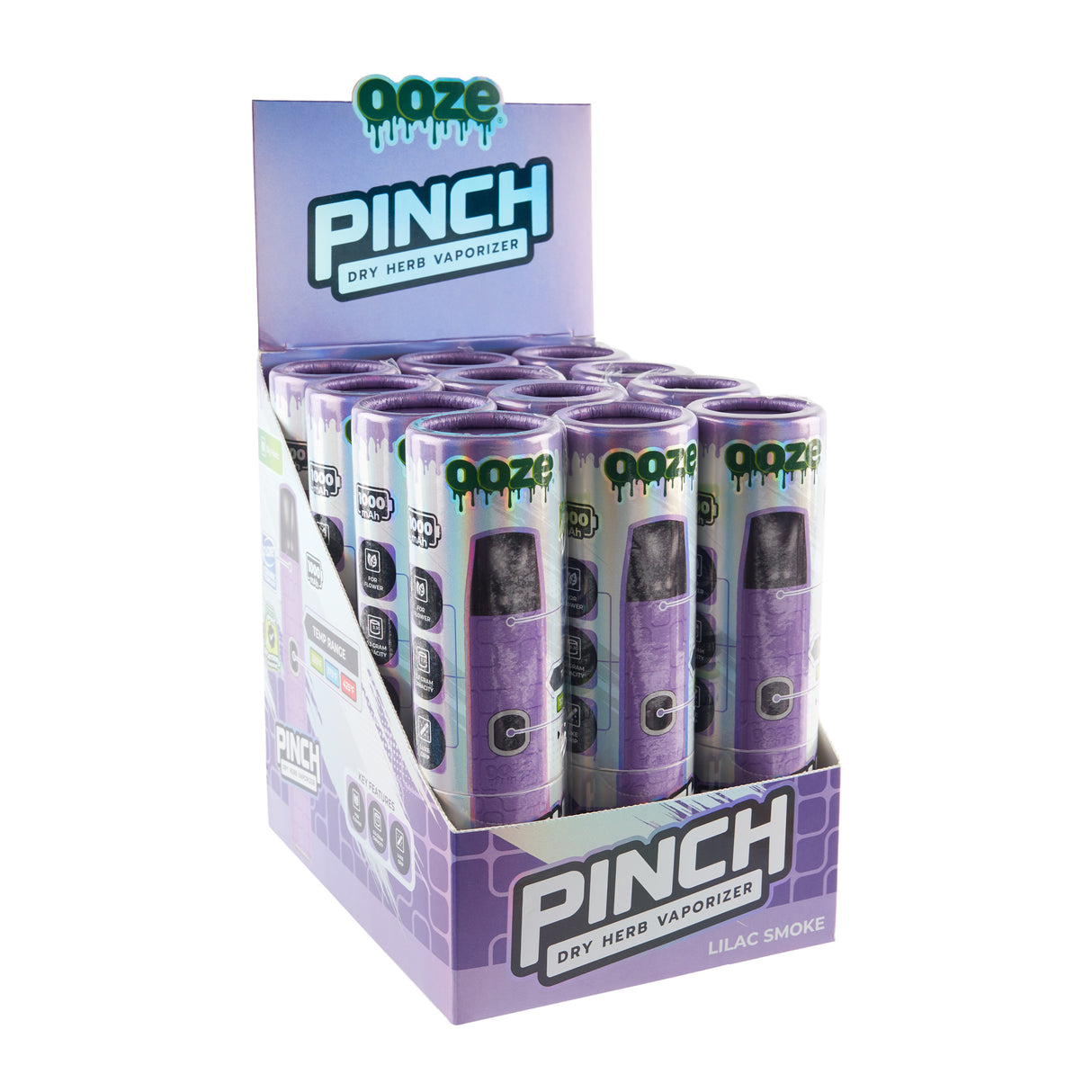 Angled view of purple Pinch dry herb vape display