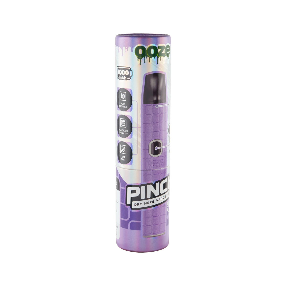 Angled view of purple Ooze Pinch dry herb vape packaging