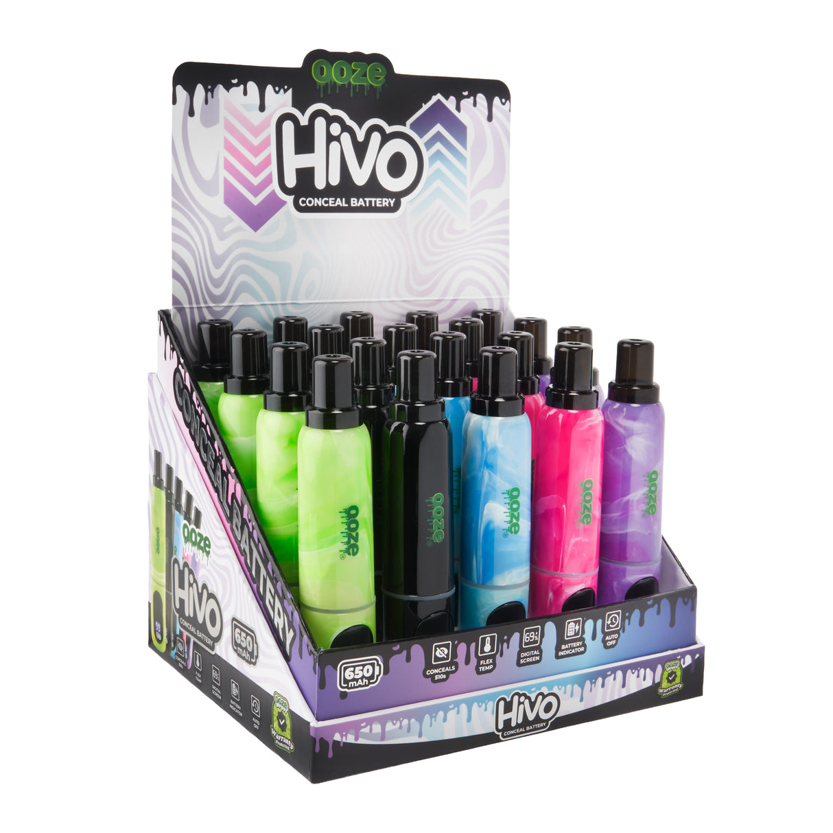 Angled view of the Ooze Hivo conceal battery 20ct display against a white background