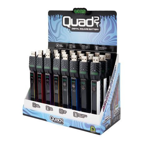 Angled view of the open Ooze Quad 2 24ct square vape battery display on a white background