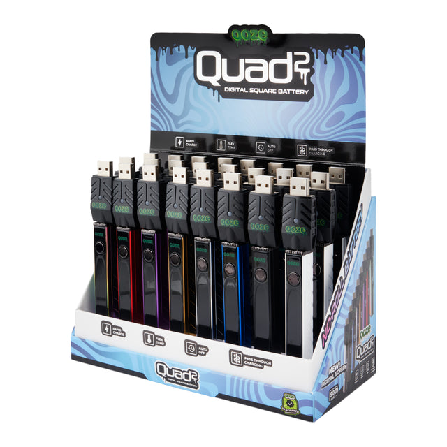 Angled view of the open Ooze Quad 2 24ct square vape battery display on a white background