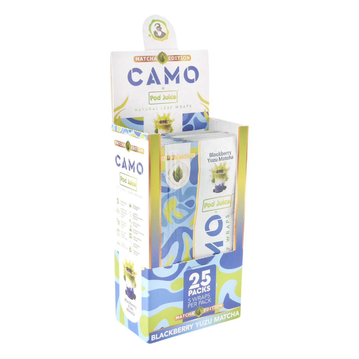 Angled view of 25ct display of Camo x Pod Juice blackberry yuzu matcha wraps on a white background