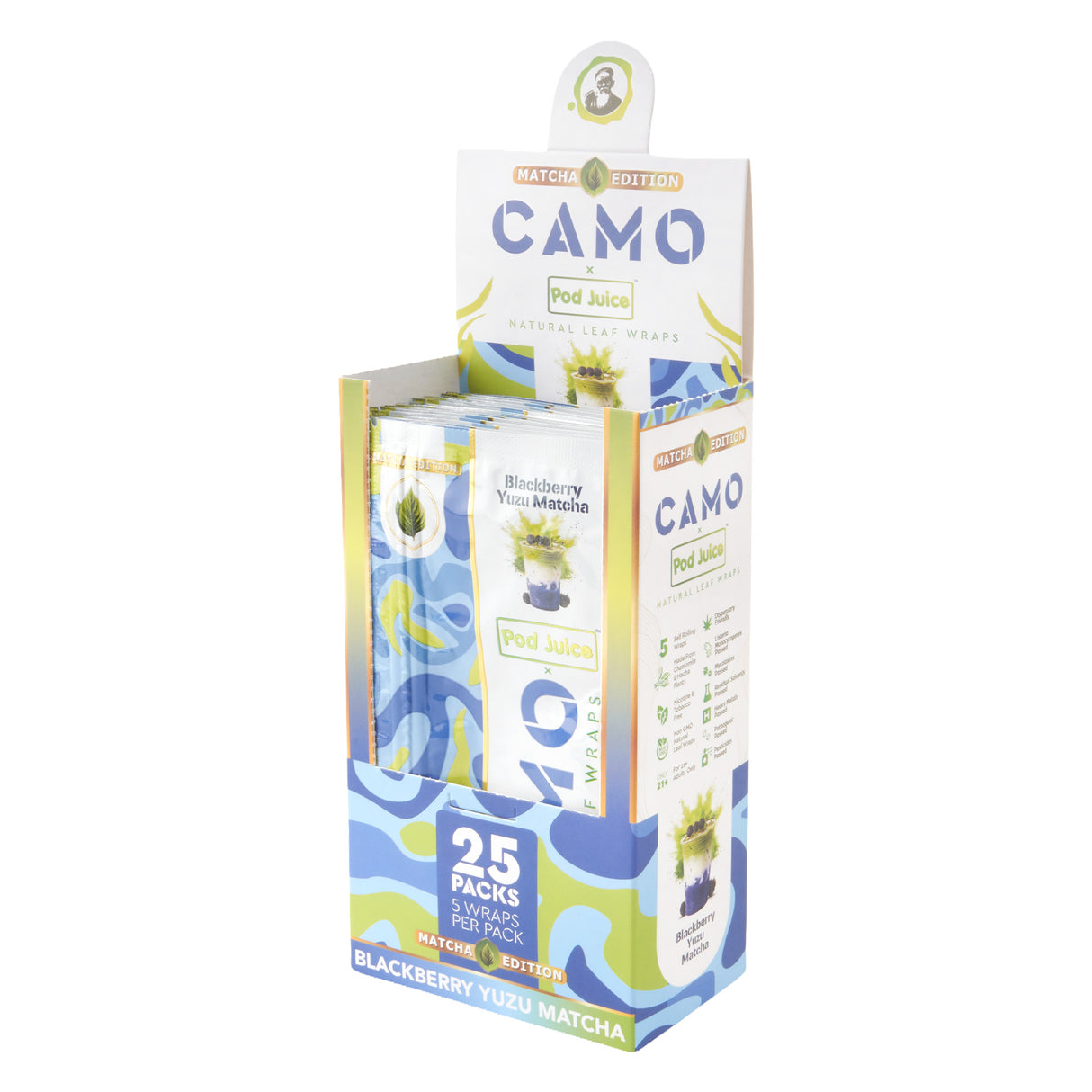 Angled view of 25ct display of Camo x Pod Juice blackberry yuzu matcha wraps on a white background