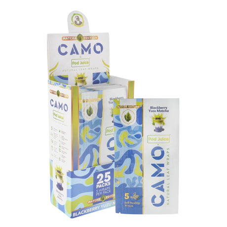 Angled view of a 25ct display of Camo x Pod Juice blackberry yuzu matcha wraps with a single 5pk pouch to the side