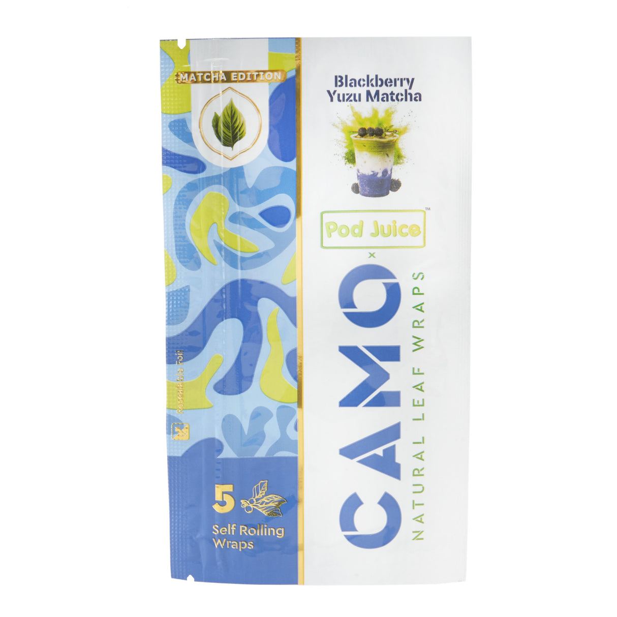 Single pouch of Camo x Pod Juice blackberry yuzu matcha wraps on a white background