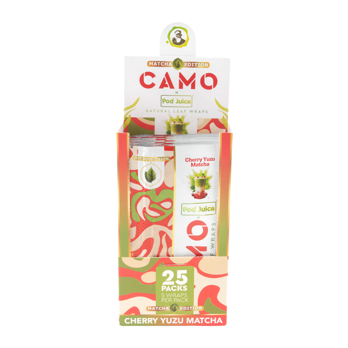 25ct display of Camo x Pod Juice cherry yuzu matcha wraps on a white background