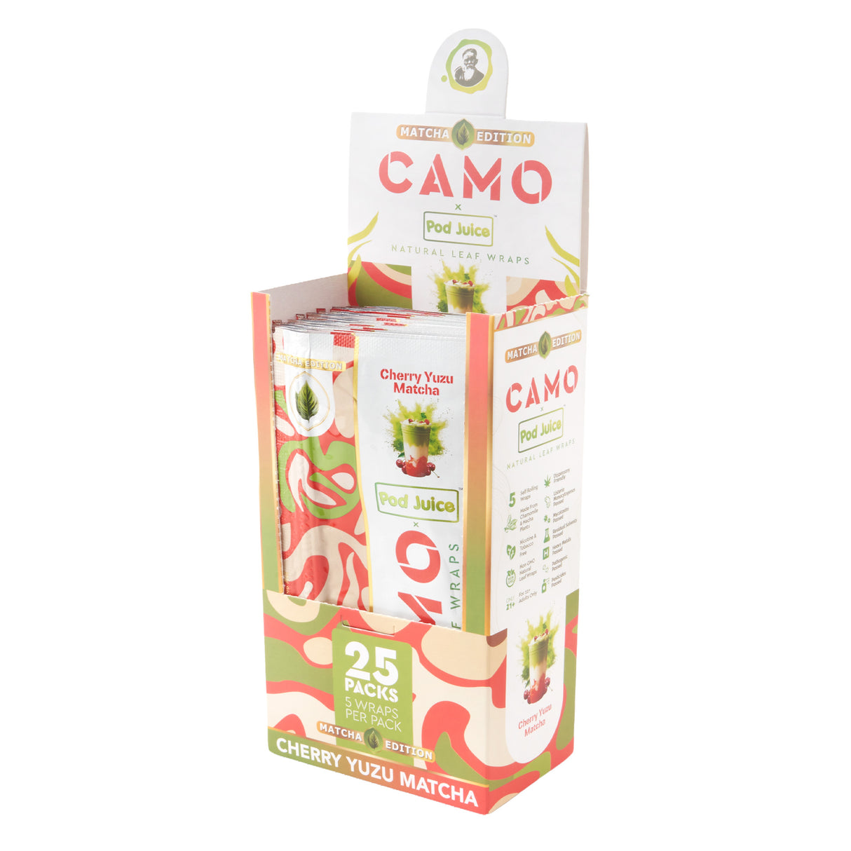Angled view of a 25ct display of Camo x Pod Juice cherry yuzu matcha wraps