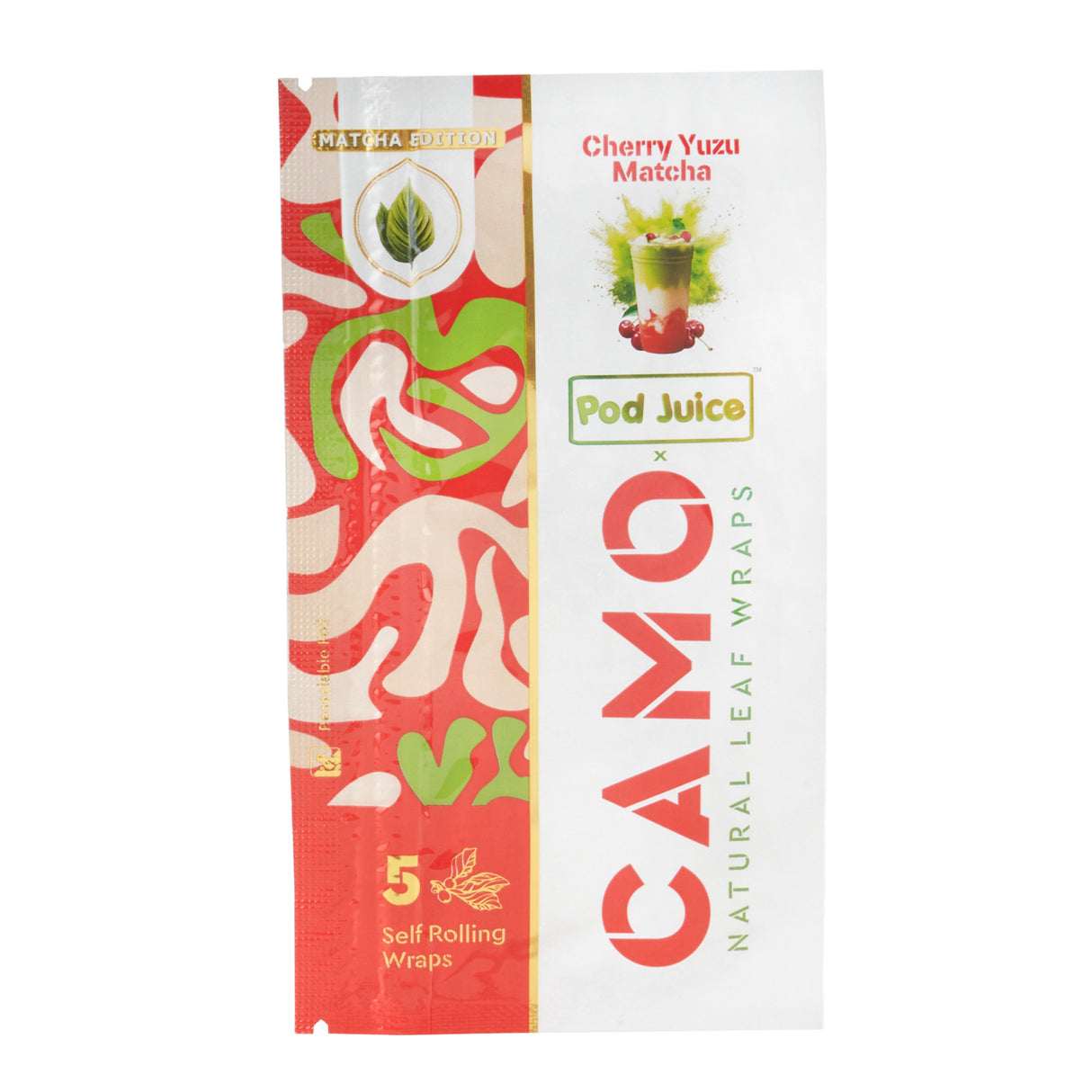 A 5pk pouch of Camo x Pod Juice cherry yuzu matcha wraps on a white background