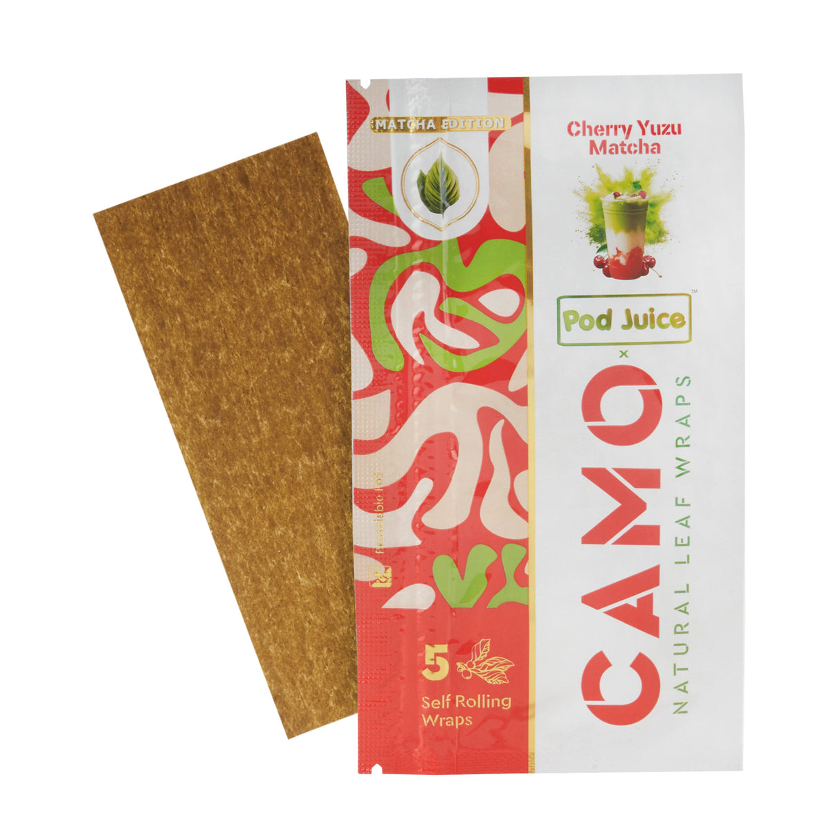 A 5pk pouch of Camo x Pod Juice cherry yuzu matcha wraps with a single wrap behind it