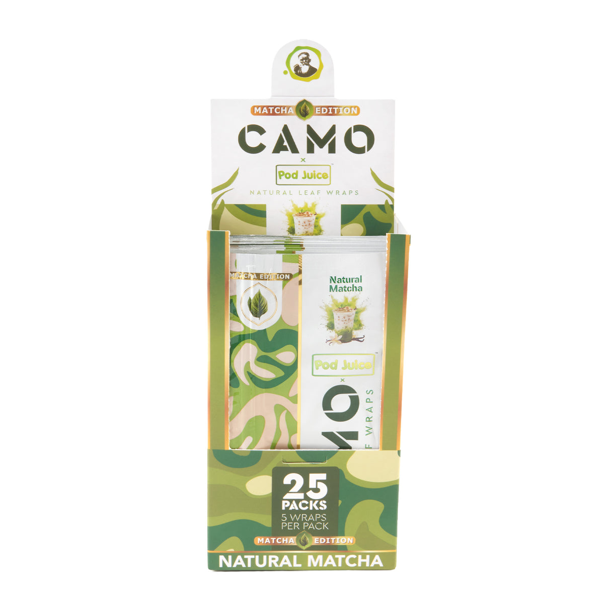 A 25ct display of Camo x Pod Juice natural matcha wraps on a white background