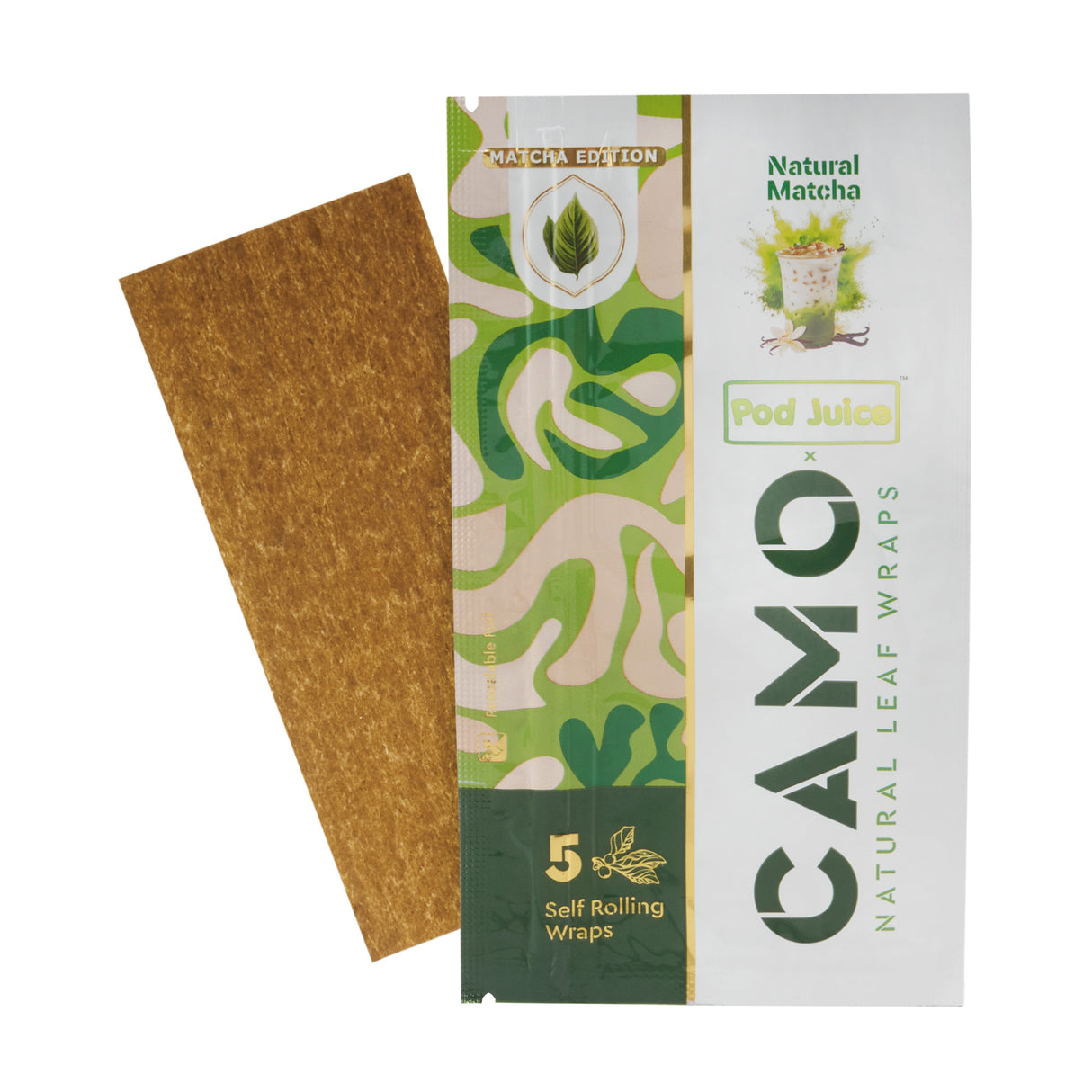 A 5pk pouch of Camo x Pod Juice natural matcha wraps with a single wrap behind it