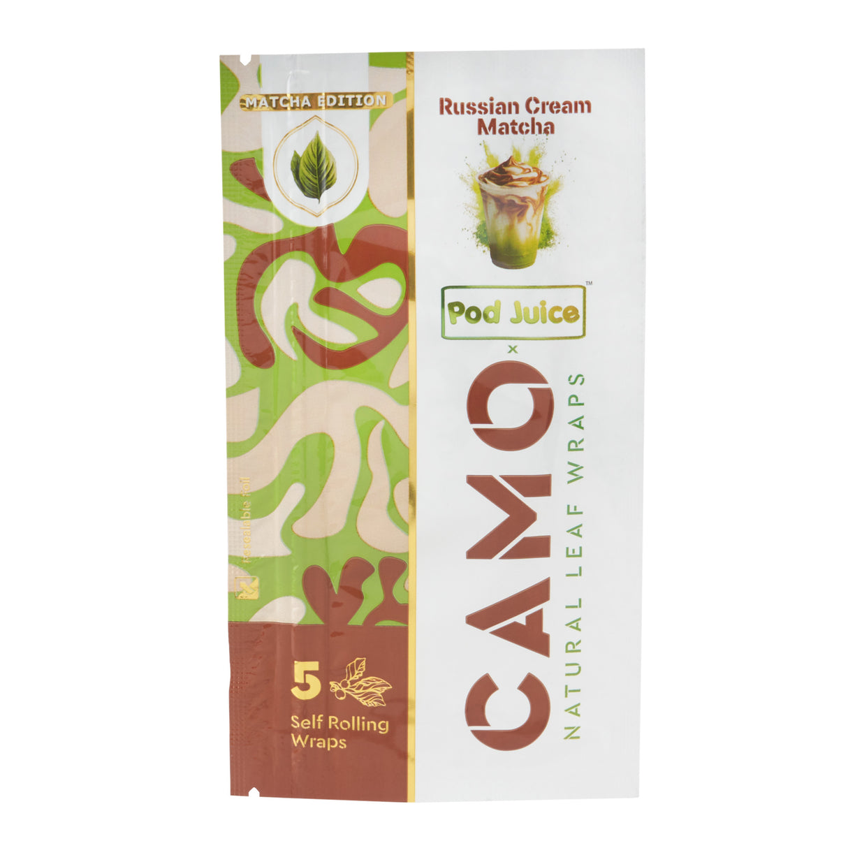 A 5pk pouch of Camo x Pod Juice Russian cream matcha wraps on a white background