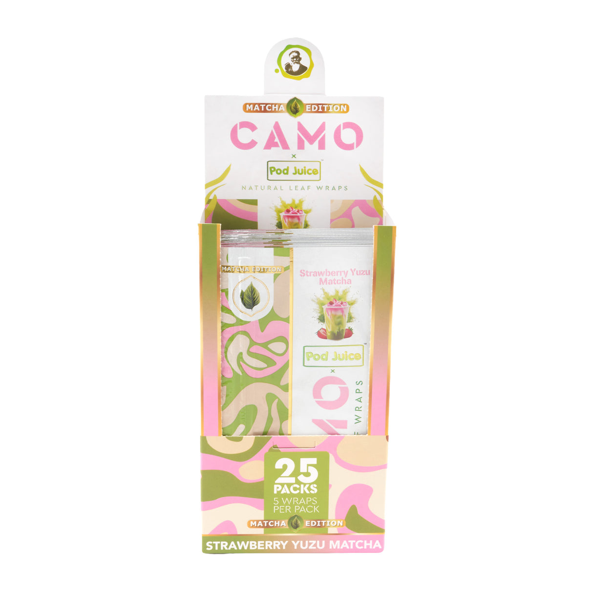 A 25ct display of Camo x Pod Juice strawberry yuzu matcha wraps on a white background