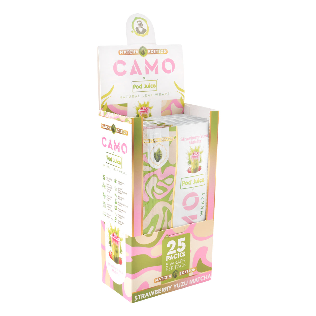 Angled view of a 25ct display of Camo x Pod Juice strawberry yuzu matcha wraps