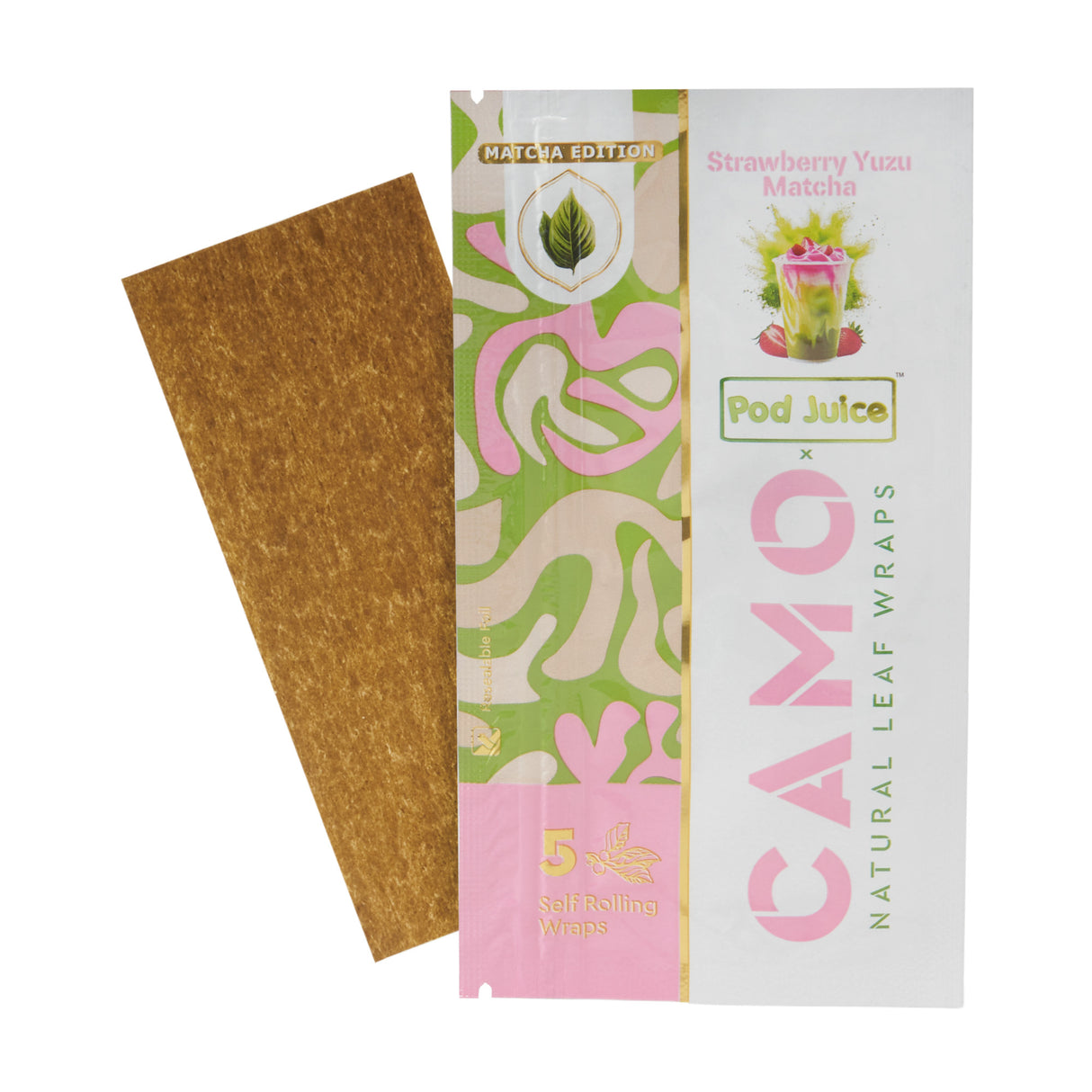 A 5pk pouch of Camo x Pod Juice strawberry yuzu matcha wraps with a single wrap behind it