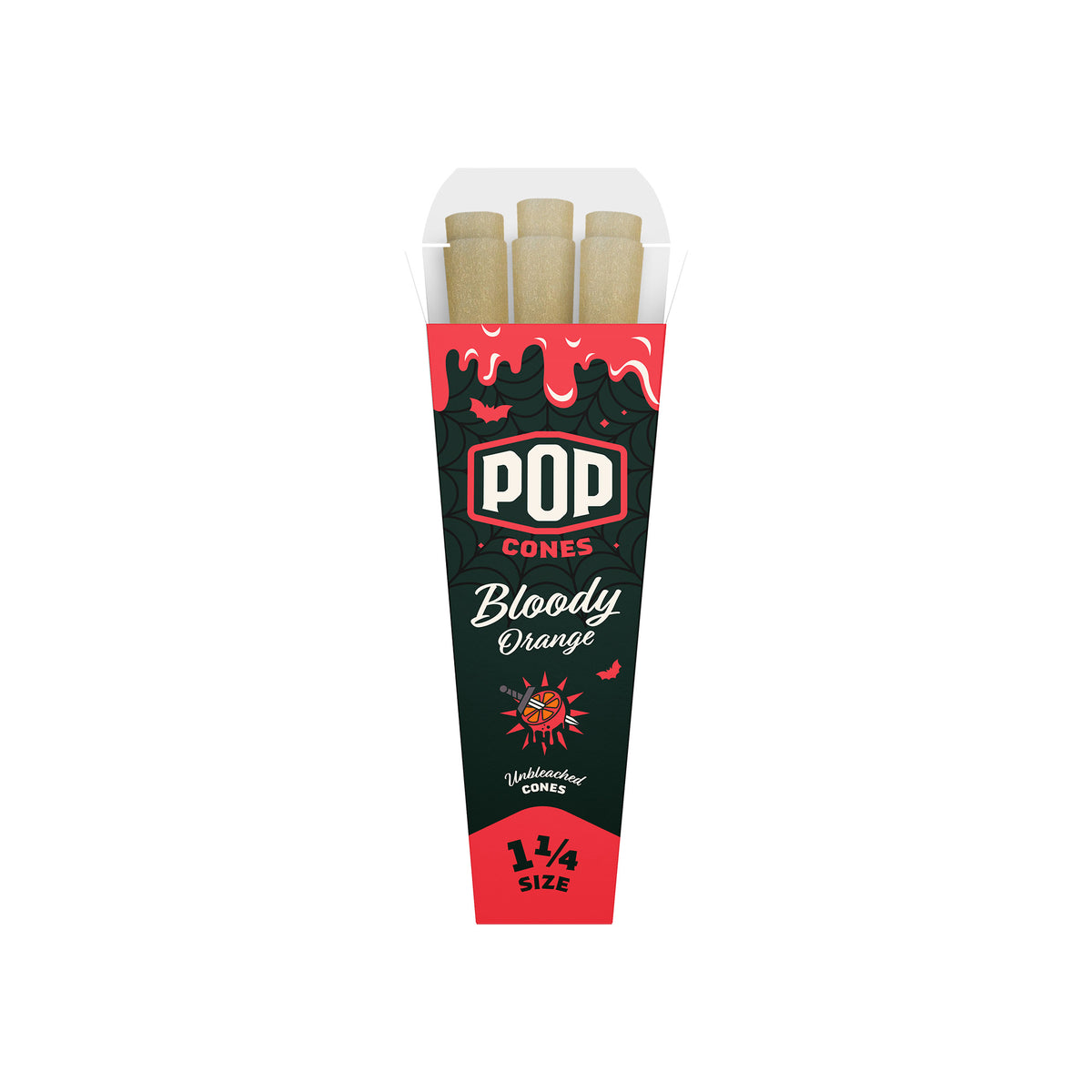 A single 6-pack of 1 1/4 size Pop Cones flavored pre-rolled cones in Bloody Orange flavor.