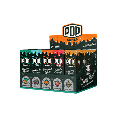 Angled view of the 25ct Pop Cones 1 1/4 size Scary Pack pre-rolled cone display on a white background.