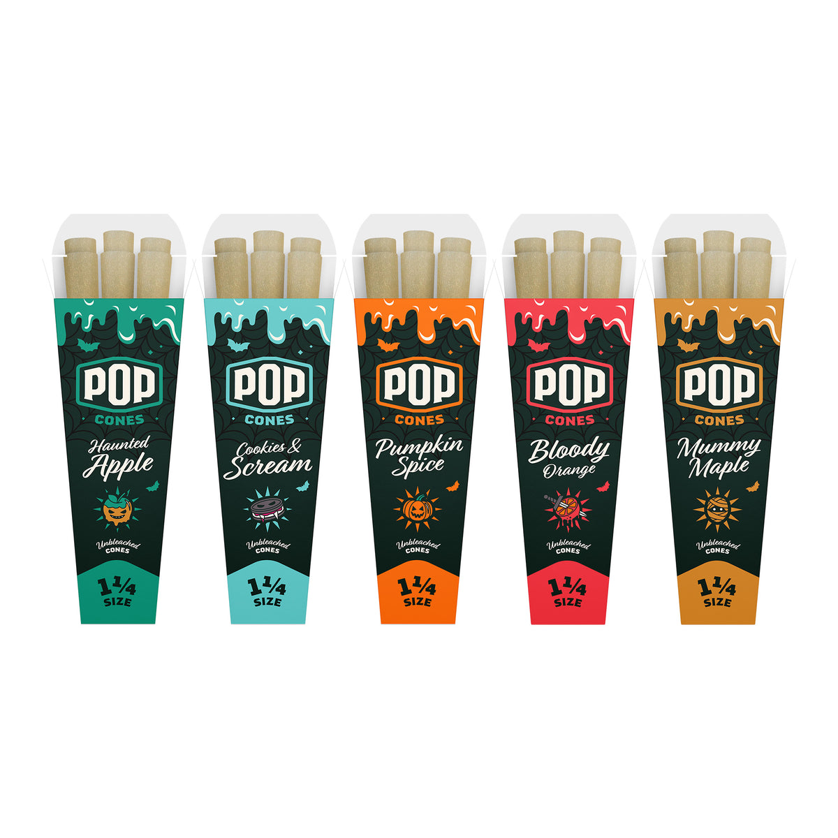 All 5 Halloween-themed flavors from the Pop Cones Scary Pack 25ct display of flavored pre-rolled cones. The 1 1/4 size packs are Haunted Apple, Cookies & Scream, Pumpkin Spice, Bloody Orange, and Mummy maple.