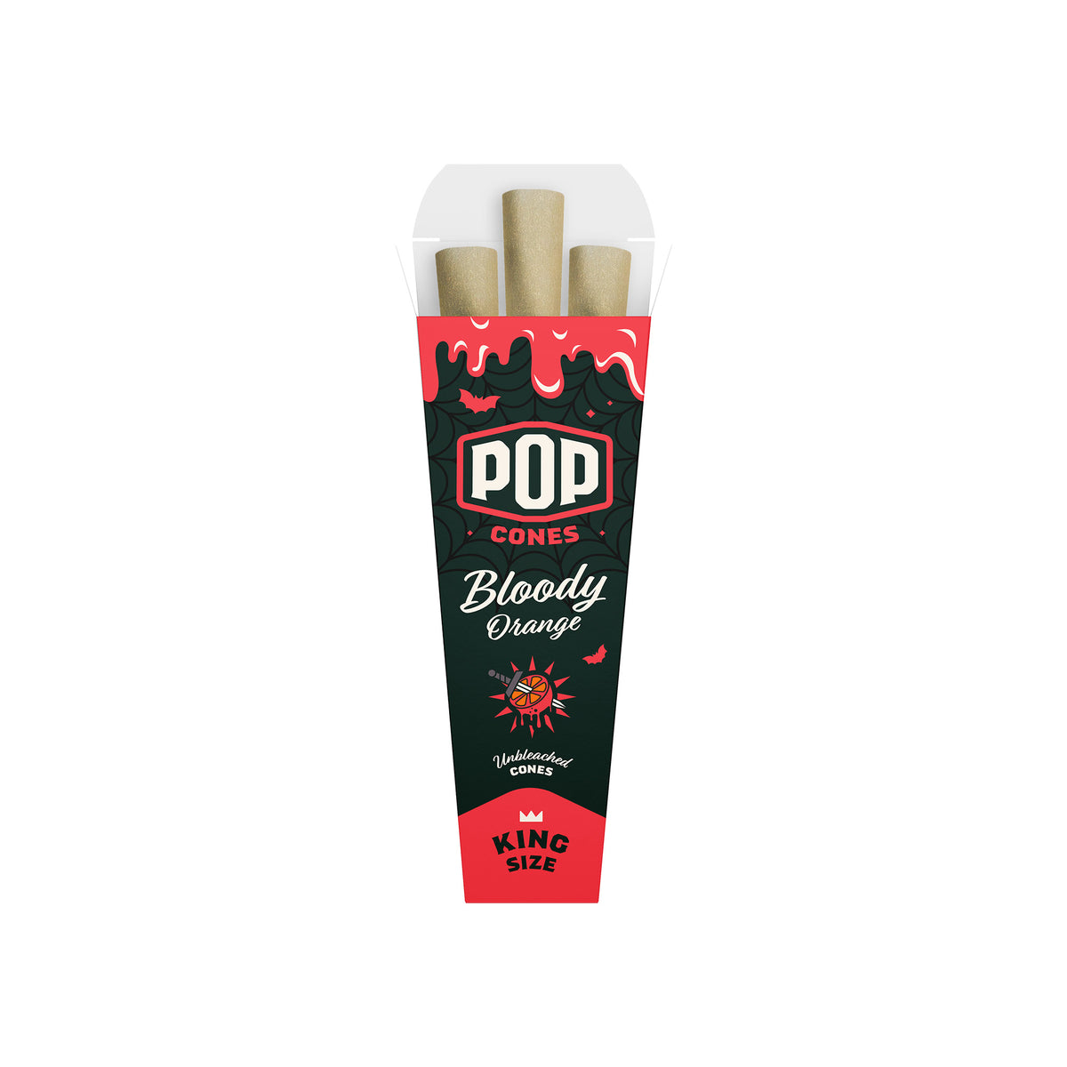 Single 3-pack box of Pop Cones king size pre-rolled cones in Bloody Orange flavor