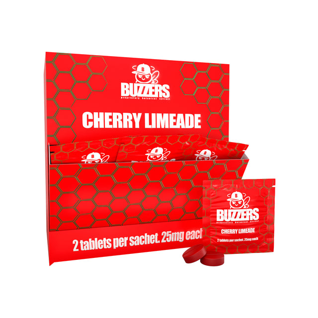 Red Cherry Limeade Buzzers display, single pouch, and two tablets