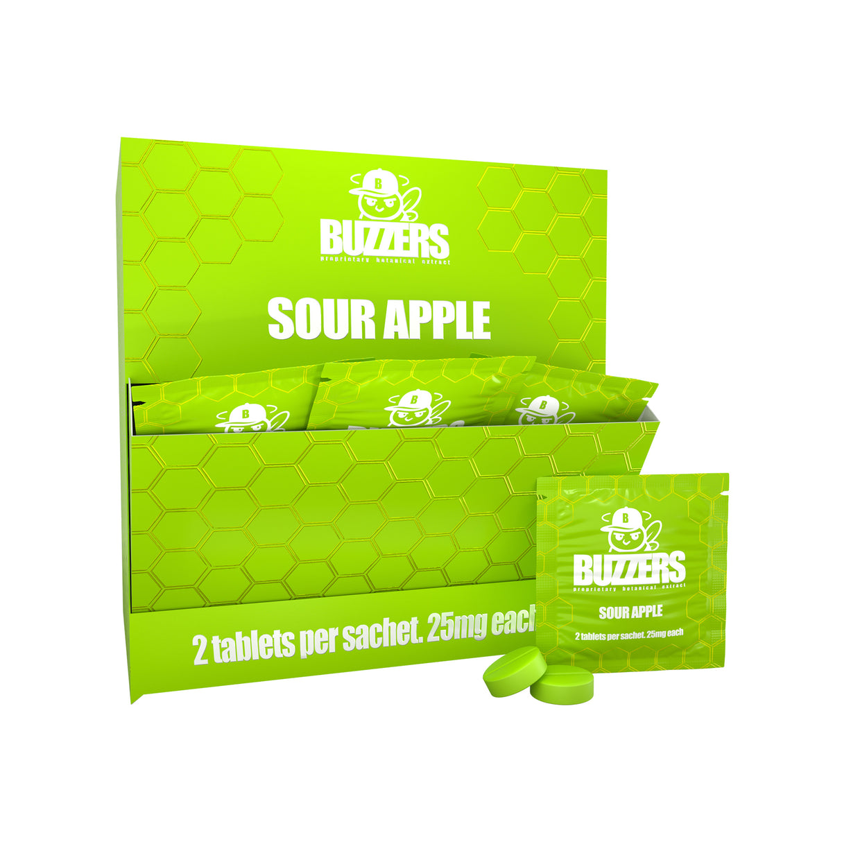Green Sour Apple Buzzers display, single pouch, and two tablets