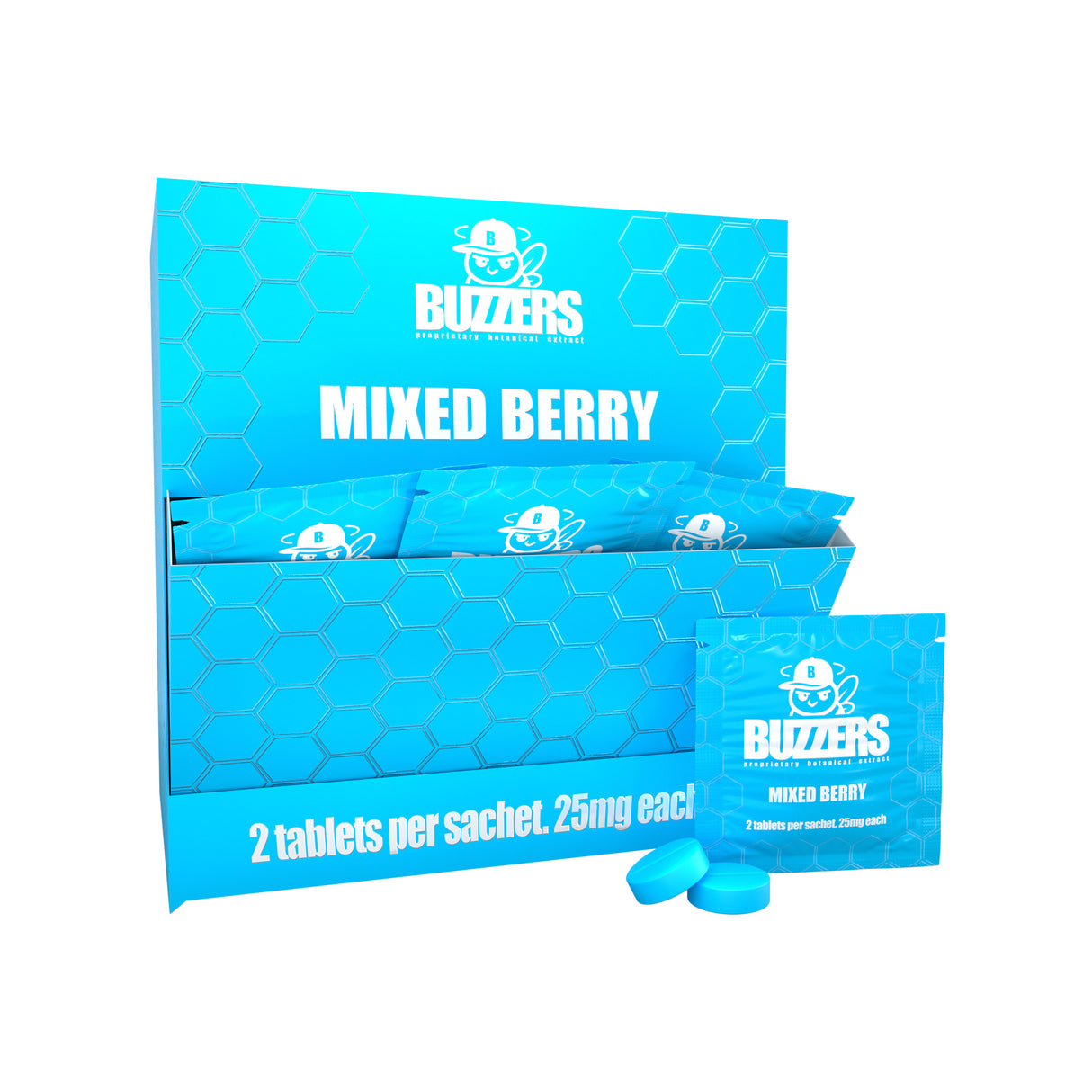 Blue Mixed Berry Buzzers display, single pouch, and two tablets
