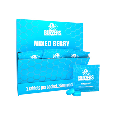 Blue Mixed Berry Buzzers display, single pouch, and two tablets