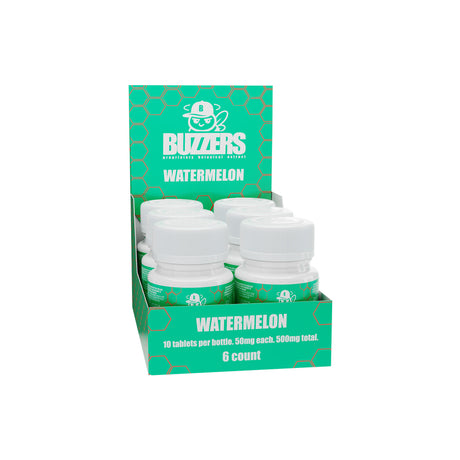 Angled view of the 6ct Buzzers cat's claw extract 500mg watermelon 6ct display