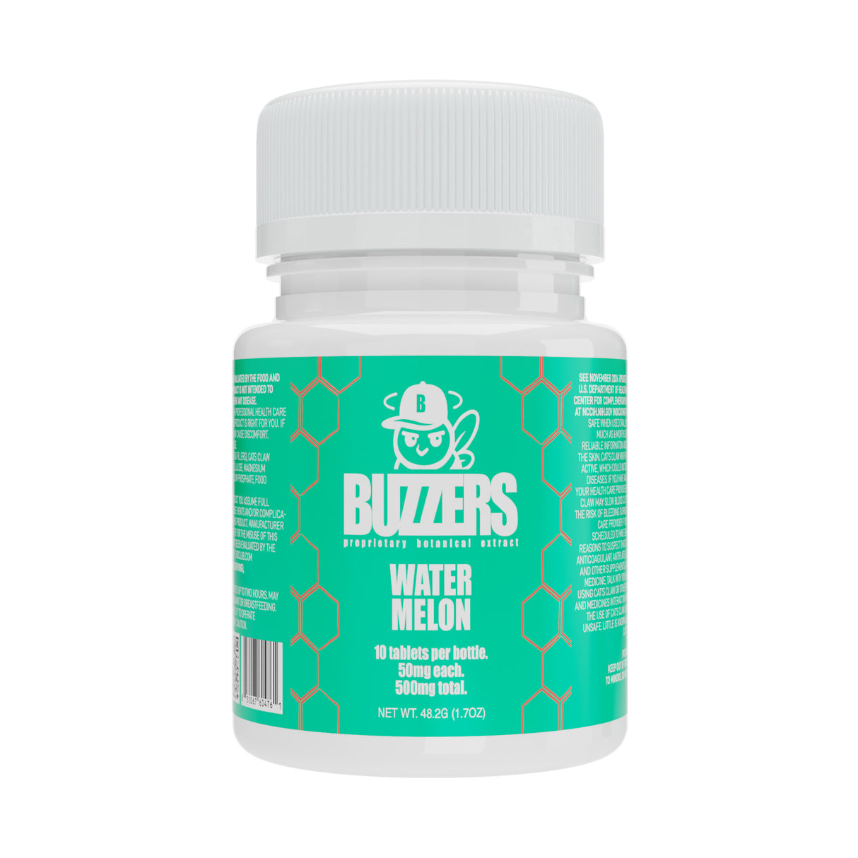 Bottle of Buzzers watermelon-flavored cat's claw extract tablets on a white background