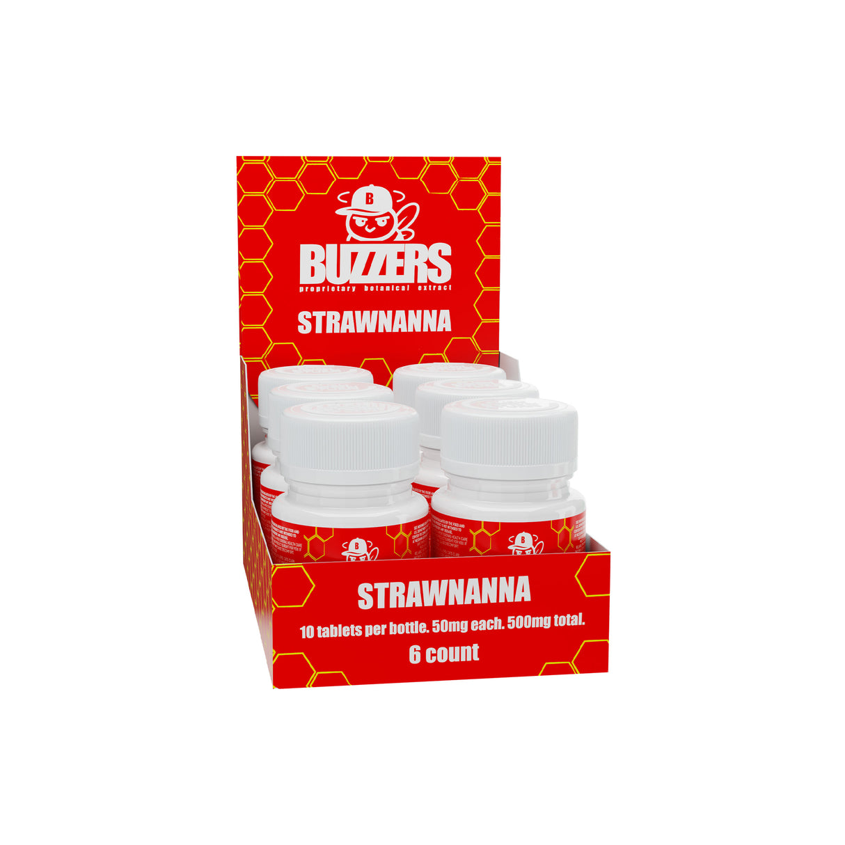 Angled view of the 6ct Buzzers cat's claw extract 500mg strawnana 6ct display