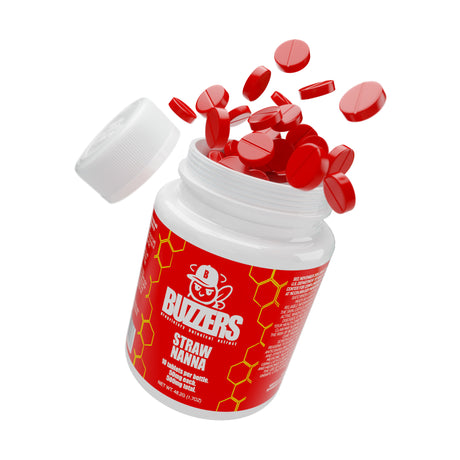 Buzzers cat's claw extract tablets 10pk bottle exploding with red Strawnana tablets coming out of the top