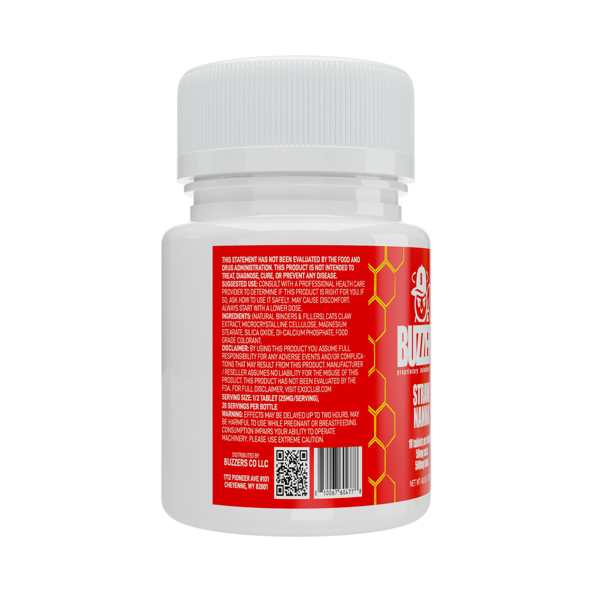 Side of the Bottle of Buzzers strawnana-flavored cat's claw extract tablets on a white background
