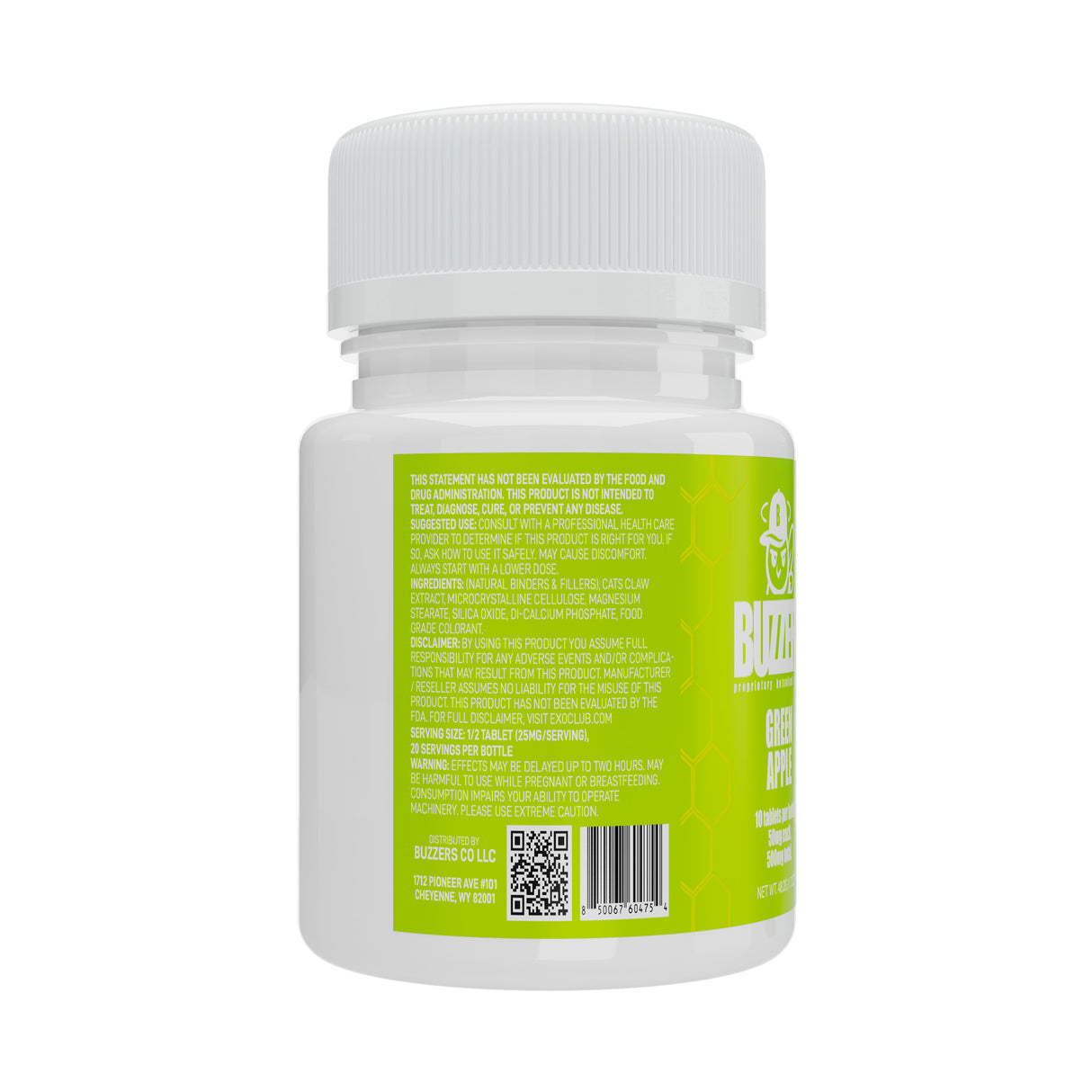 Side of the Bottle of Buzzers green apple-flavored cat's claw extract tablets on a white background