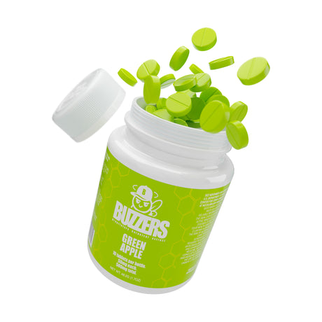 Buzzers cat's claw extract tablets 10pk bottle exploding with green Green Apple tablets coming out of the top