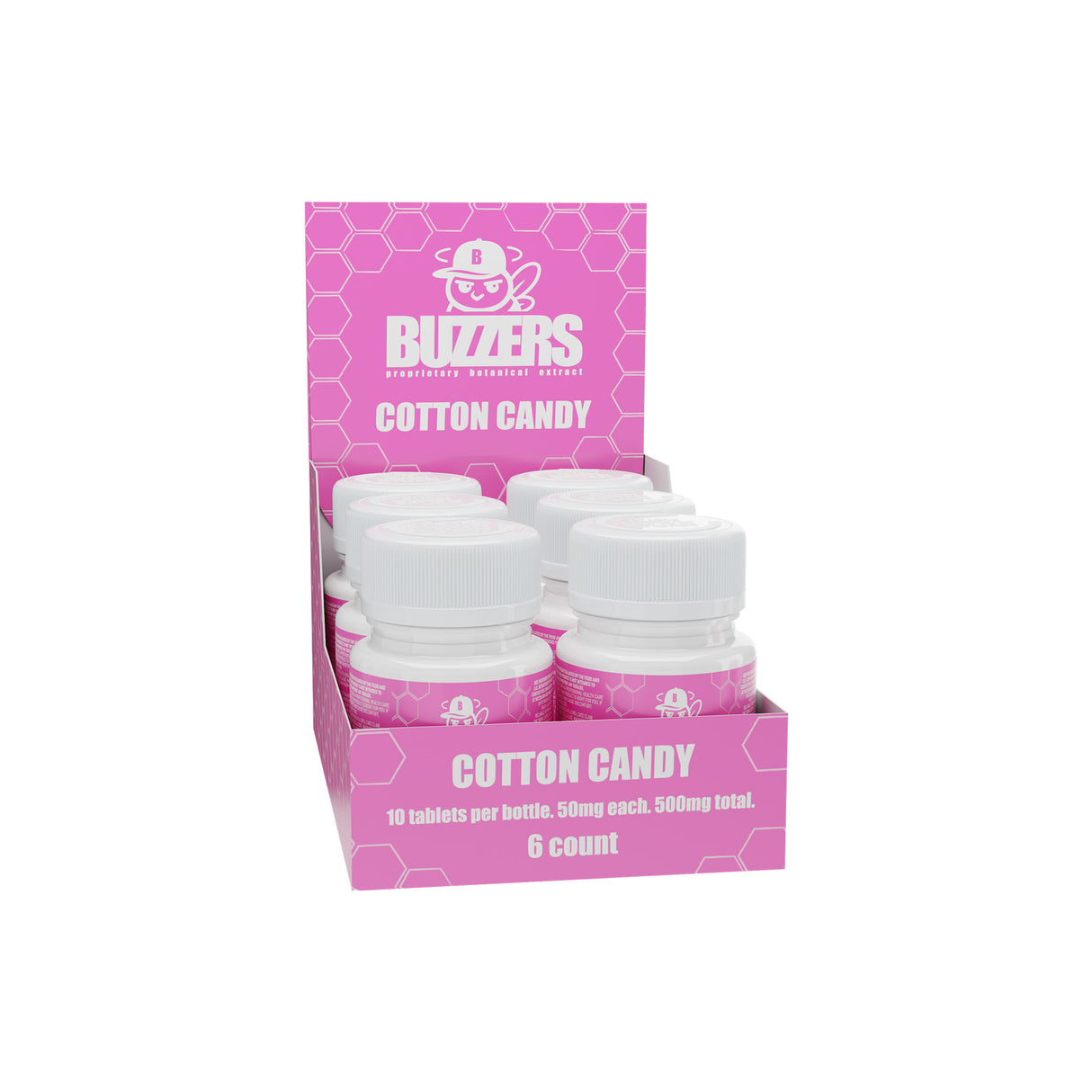 Angled view of the 6ct Buzzers cat's claw extract 500mg cotton candy 6ct display