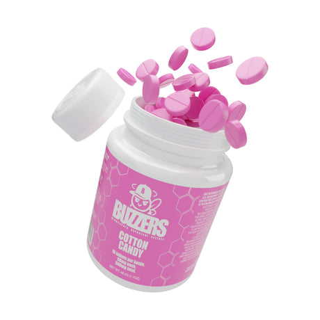 Buzzers cat's claw extract tablets 10pk bottle exploding with pink Cotton Candy tablets coming out of the top