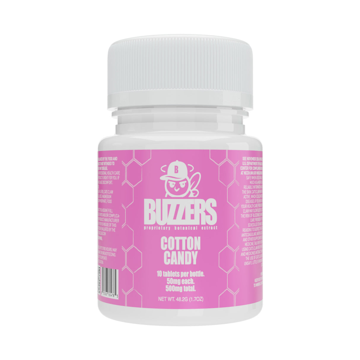 Bottle of Buzzers cotton candy-flavored cat's claw extract tablets on a white background