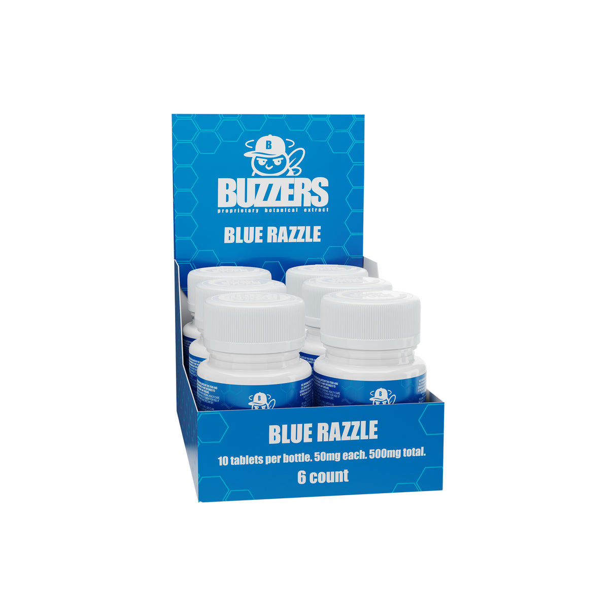 Angled view of the 6ct Buzzers cat's claw extract 500mg blue razzle 6ct display