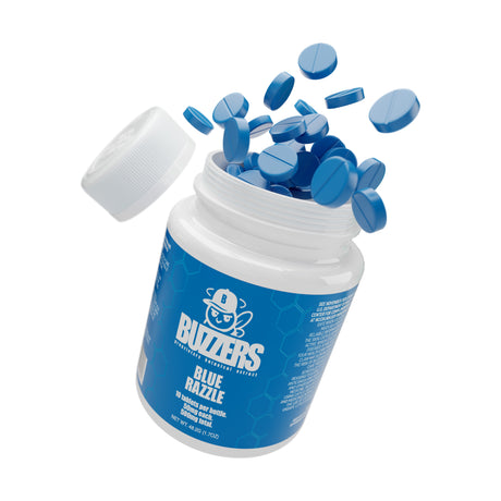Buzzers cat's claw extract tablets 10pk bottle exploding with blue Blue Razzle tablets coming out of the top
