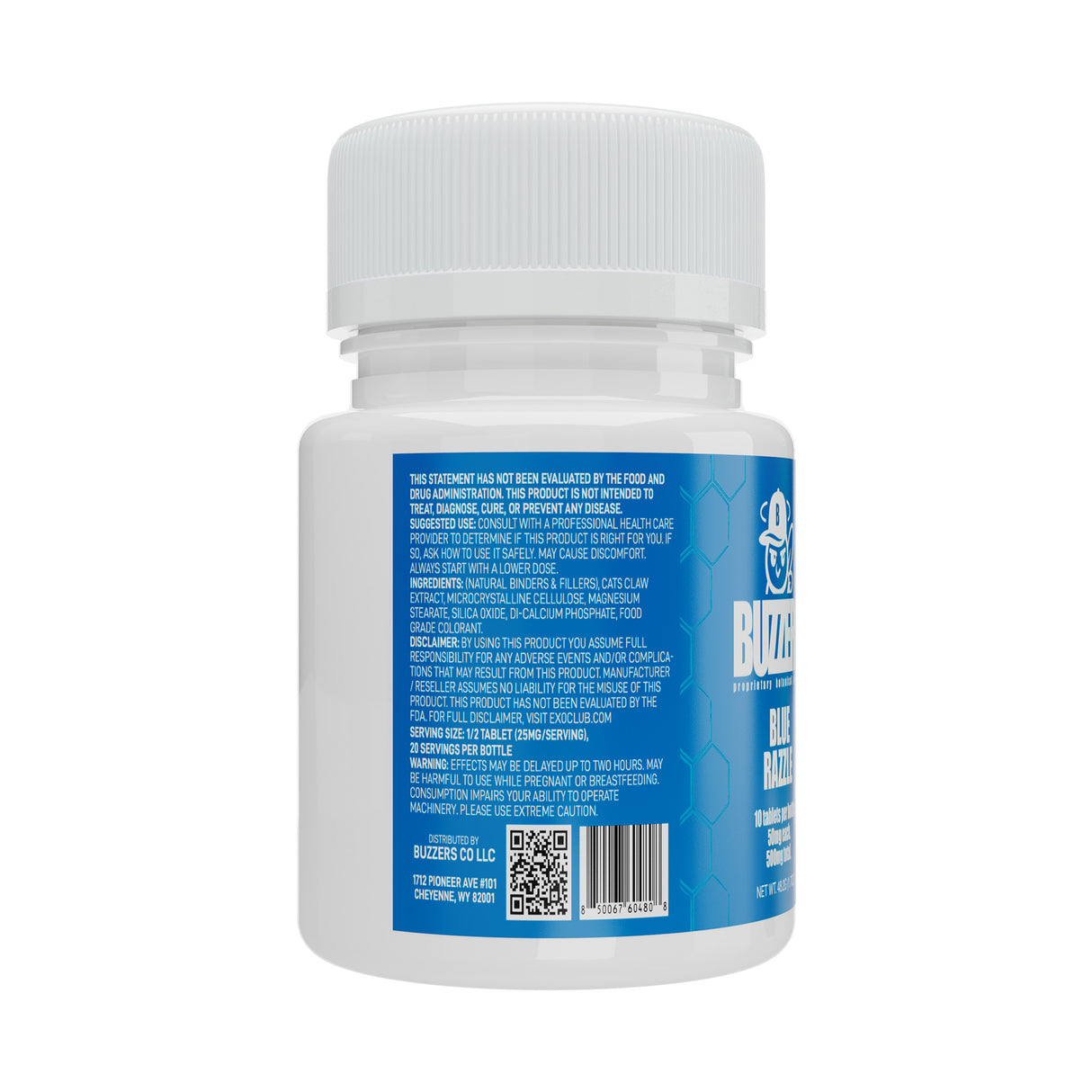 Side of the Bottle of Buzzers blue razzle-flavored cat's claw extract tablets on a white background