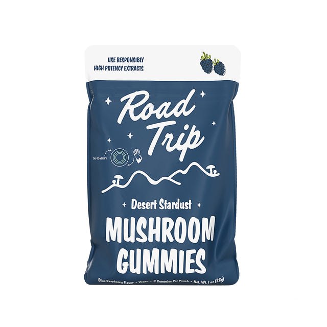 A single 8pk pouch of Road Trip Desert Stardust mushroom gummies in blue raspberry