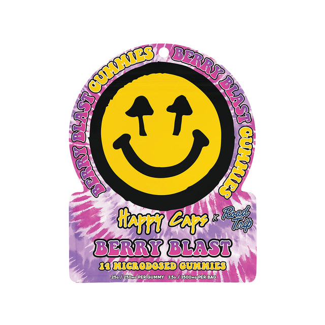 A single happy face pouch of Happy Caps x Road Trip microdosed gummies in berry blast