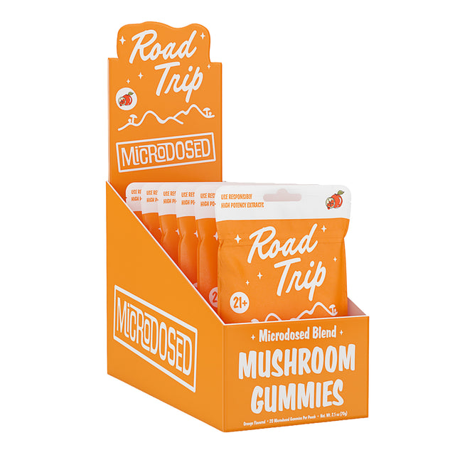 Angled view of the 6ct display box of Road Trip Orange focus microdosed mushroom gummies