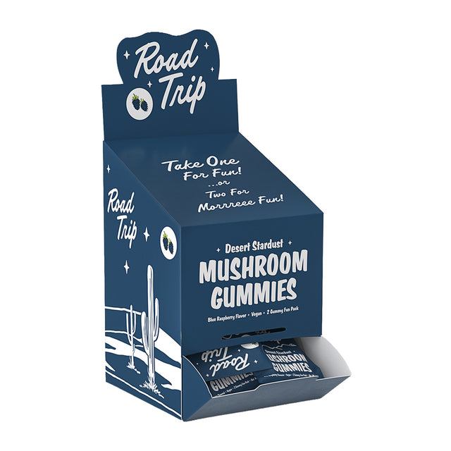 Angled view of the 30ct Road Trip Desert Stardust mushroom gummy 2pks in blue raspberry