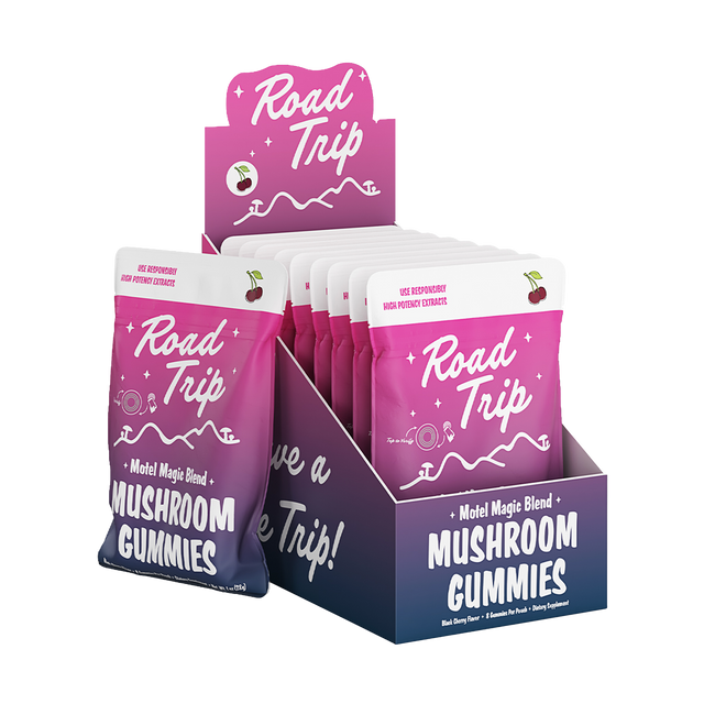 Angled view of the black cherry Road Trip Motel Magic mushroom gummies 10ct display with a single pouch leaning against the display