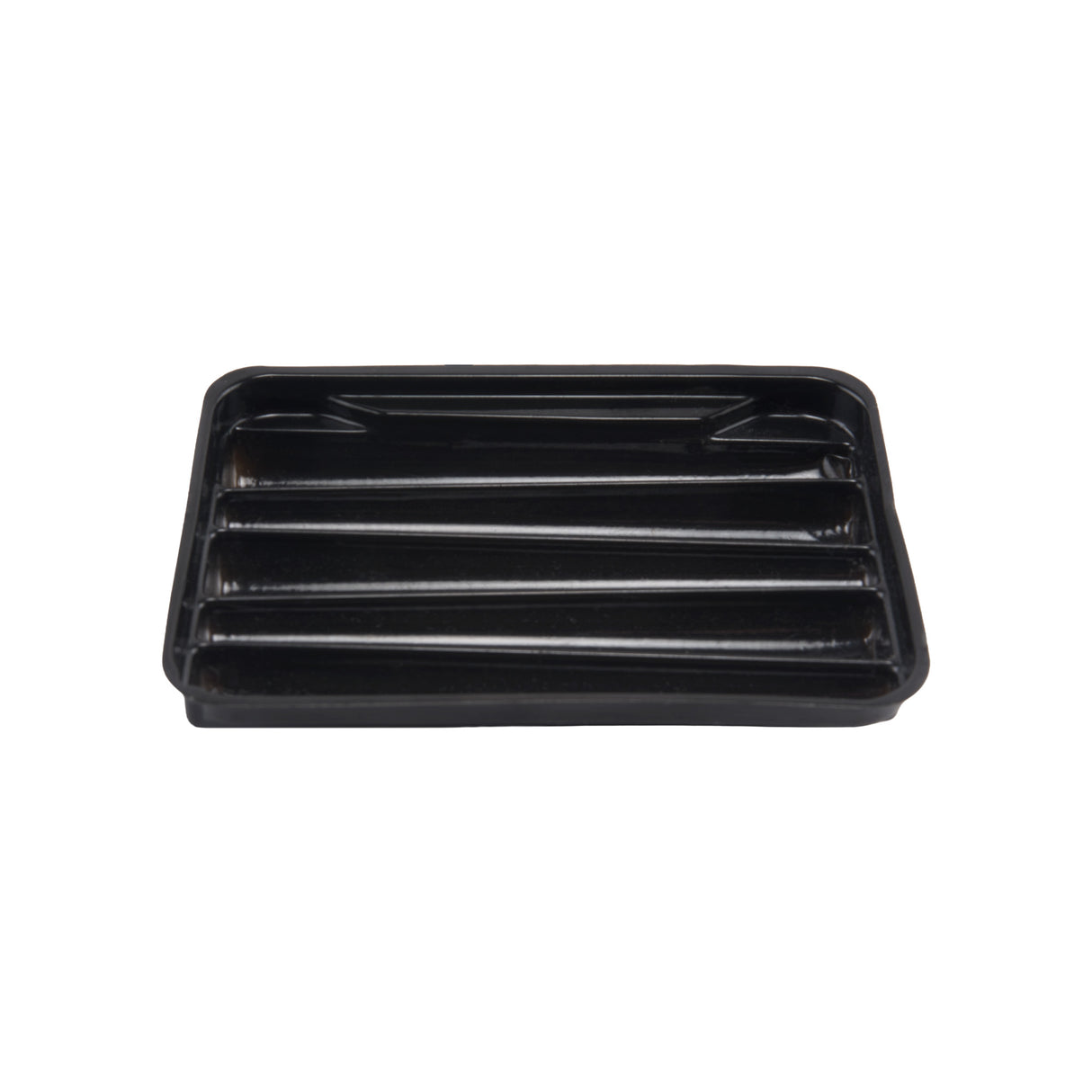Angled top view of the black plastic Loud Lock pre-roll tray insert that holds  dog walker 76mm size pre-rolled cones