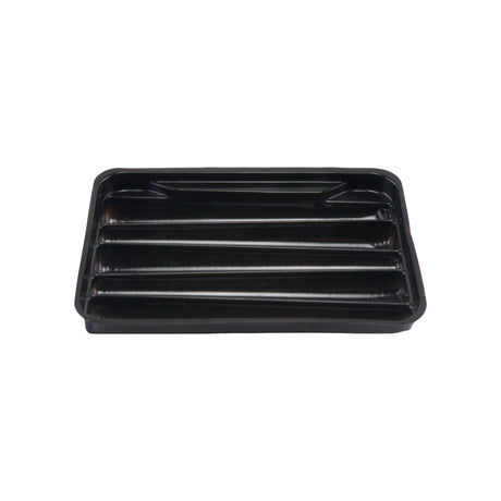 Angled top view of the black plastic Loud Lock pre-roll tray insert that holds  dog walker 76mm size pre-rolled cones