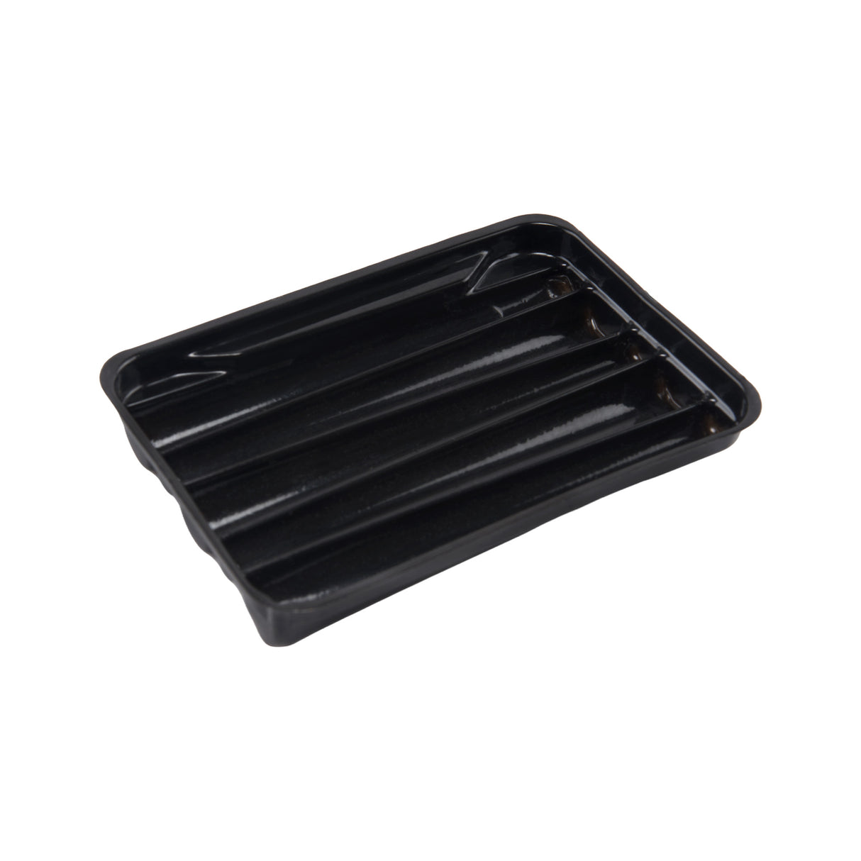 Angled view of the black plastic Loud Lock pre-roll tray insert that holds  dog walker 76mm size pre-rolled cones