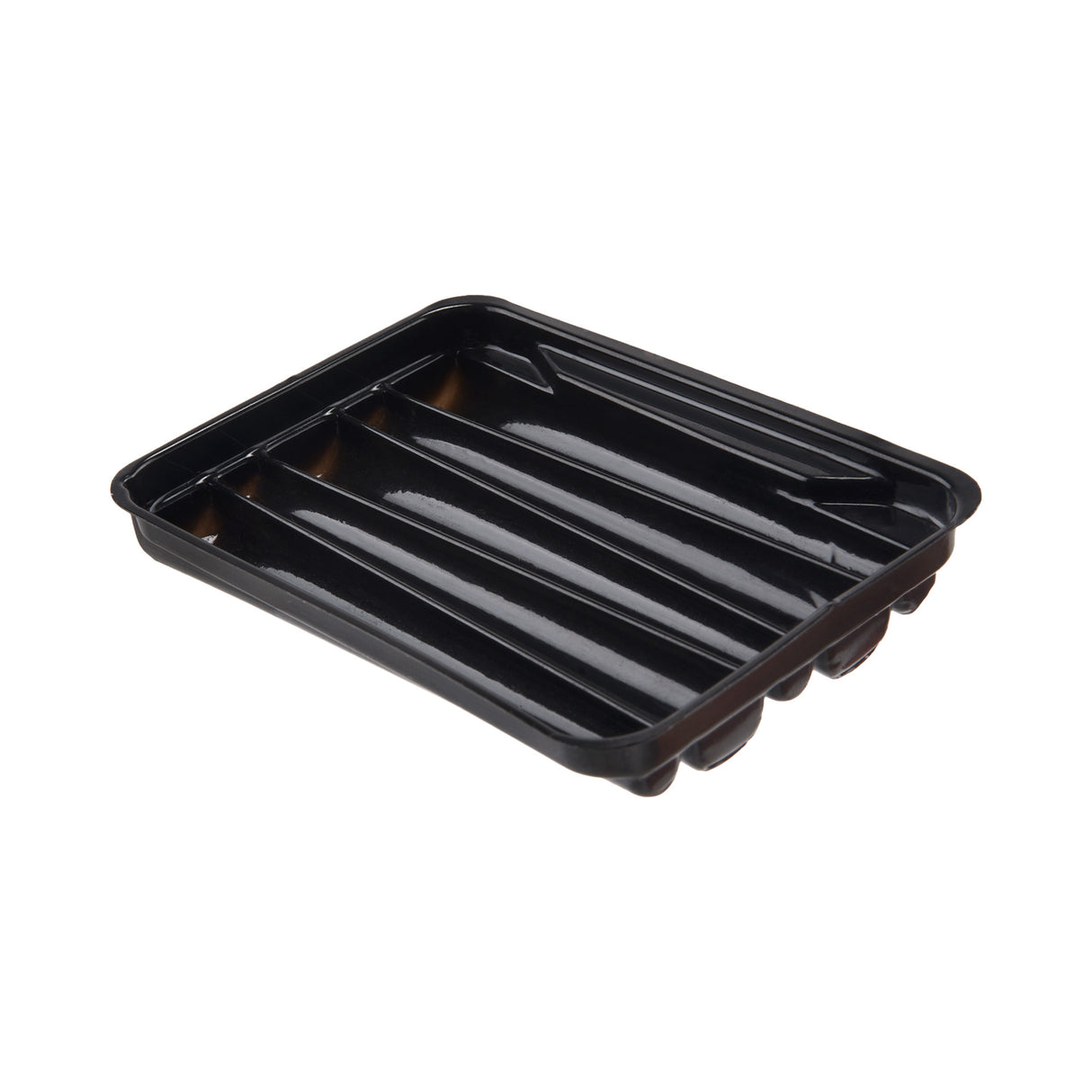 Angled view of the black plastic Loud Lock pre-roll tray insert that holds  dog walker 76mm size pre-rolled cones